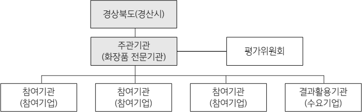 참여기관(참여기업)-결과활용기관(수요기업)-주관기관(화장품 전문기관)-평가위원회-경산북도(경산시)