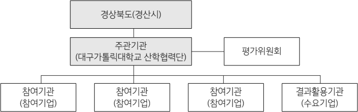 참여기관(참여기업)-결과활용기관(수요기업)-주관기관(대구한의대학교 산학협력단)-평가위원회-경산북도(경산시)